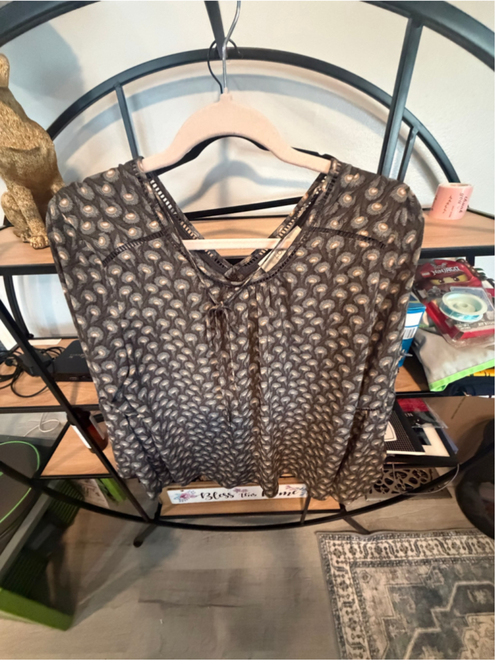 Women's LOFT Blouse Medium Brown Gold Peacock Print Long Sleeve Top